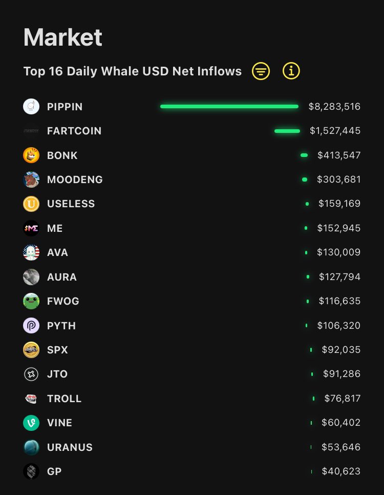 Gm ☀️

Yesterday’s Top 16 whale inflows were ⤵️

#1 $PIPPIN
#2 $FARTCOIN
#3 $BONK
#4 $MOODENG
#5 $USELESS

Are whales in the know of an opportunity in the market right now or are they catching a falling knife? 🔪