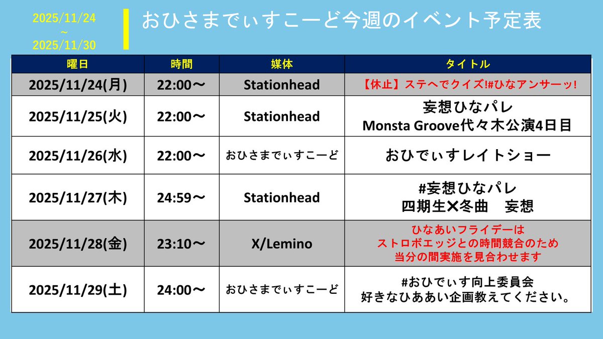 来週のおひさまでぃすこーどイベント予定表です。 ・24日 ひな