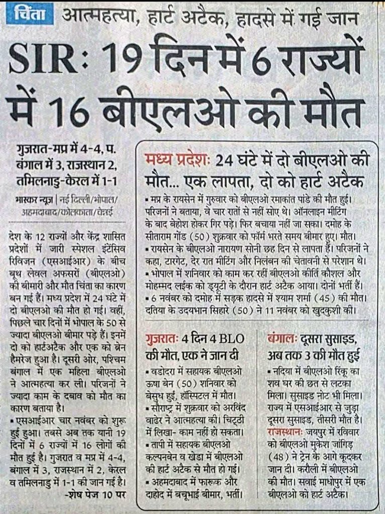 🛑 आत्महत्या, हार्ट अटैक, हादसे में गई जान SIR : 19 दिन में 6 राज्यों में 16 बीएलओ की मौत

✅ मध्य प्रदेशः 24 घंटे में दो बीएलओ की मौत... एक लापता, दो को हार्ट अटैक

✅ गुजरातः 4 दिन 4 BLO की मौत, एक ने जान दी

✅ बंगालः दूसरा सुसाइड, अब तक 3 की मौत हुई

✅ राजस्थानः जयपुर में