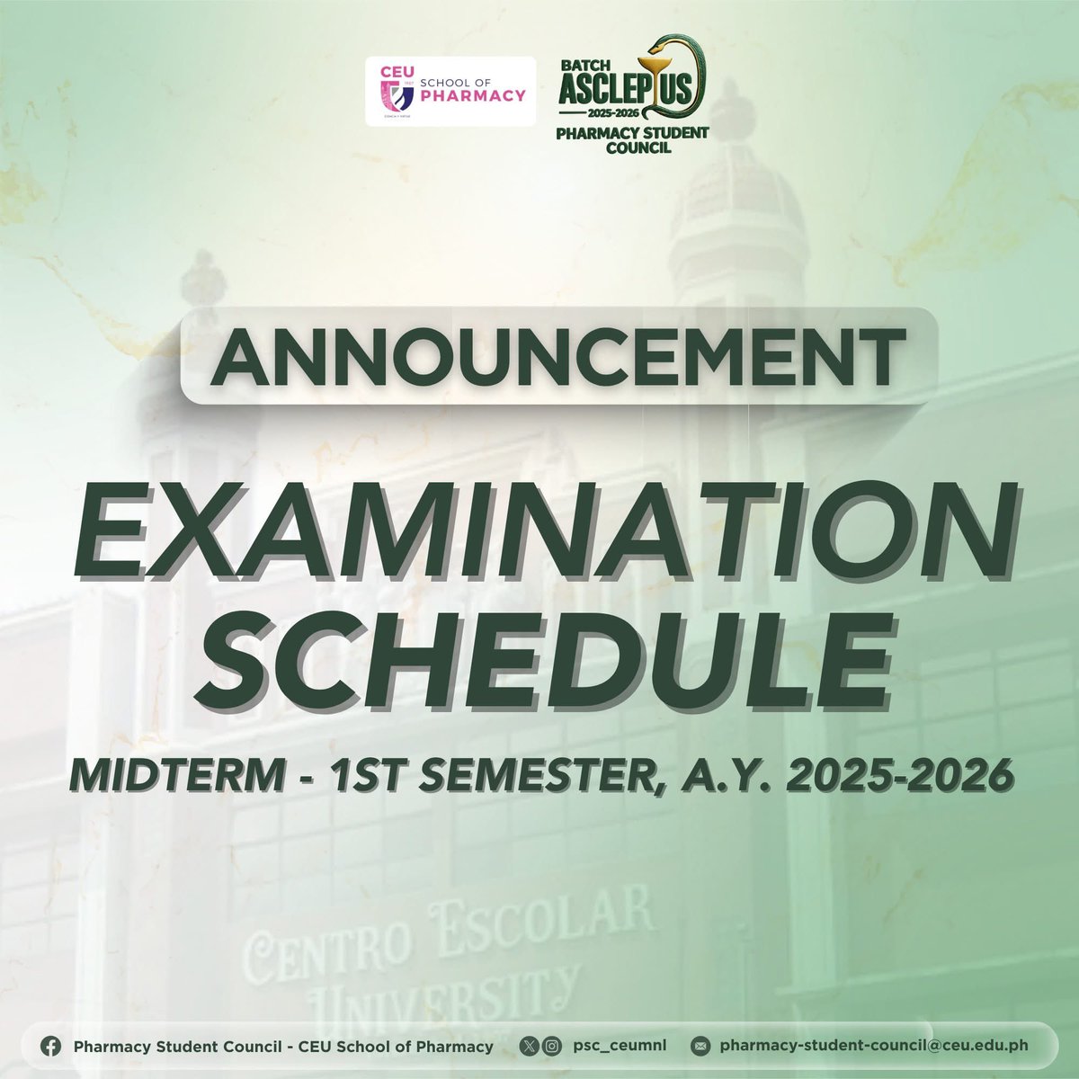 psc_ceumnl's tweet photo. 📢 𝐌𝐈𝐃𝐓𝐄𝐑𝐌 𝐄𝐗𝐀𝐌 𝐒𝐂𝐇𝐄𝐃𝐔𝐋𝐄 𝐈𝐒 𝐎𝐔𝐓! 📝💥

Halfway there, future Pharmacists! 💊 

The Midterm Examination Schedule has officially arrived—time to test how much those sleepless study nights have paid off! https://t.co/4eL4MZekXx