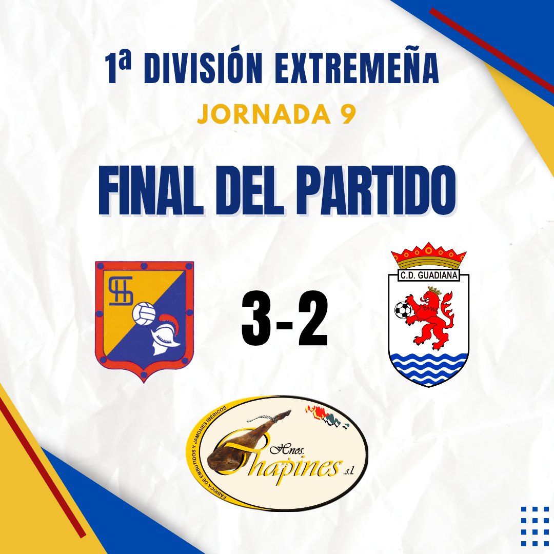⏱️ FINAL DEL PARTIDO
A.F. Hernando de Soto 3️⃣ - 2️⃣ C.D Guadiana

⚽ Goles
 Ismael
 Pablo
 Gerardo

SISISI, LOS 3️⃣ PUNTOS SE QUEDAN EN CASA TRAS UN PARTIDO DE INFARTO ⚔️

🟡🔵VAMOS HERNANDO🔵🟡