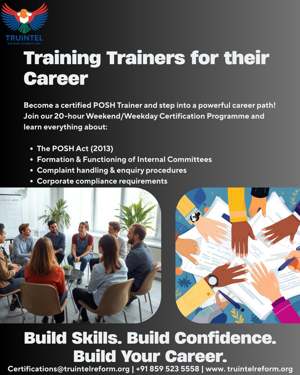TruIntel_Reform's tweet image. Batch starting soon!
POSH TTT Course – ₹10,000 → Now ₹7,999
20 Hours | Certification | NGO-led (not ed-tech)
Real cases. Real learning. Real credibility.
📩 Certifications@truintelreform.org
📞 +91 859 523 5558
🌐 truintelreform.org

#POSH #sexulharrasment #HR #Admin