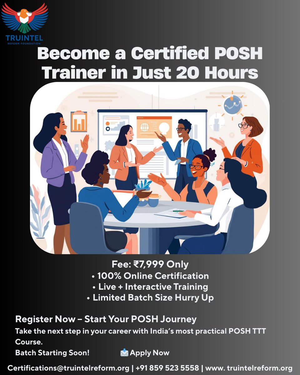 TruIntel_Reform's tweet image. Batch starting soon!
POSH TTT Course – ₹10,000 → Now ₹7,999
20 Hours | Certification | NGO-led (not ed-tech)
Real cases. Real learning. Real credibility.
📩 Certifications@truintelreform.org
📞 +91 859 523 5558
🌐 truintelreform.org

#POSH #sexulharrasment #HR #Admin