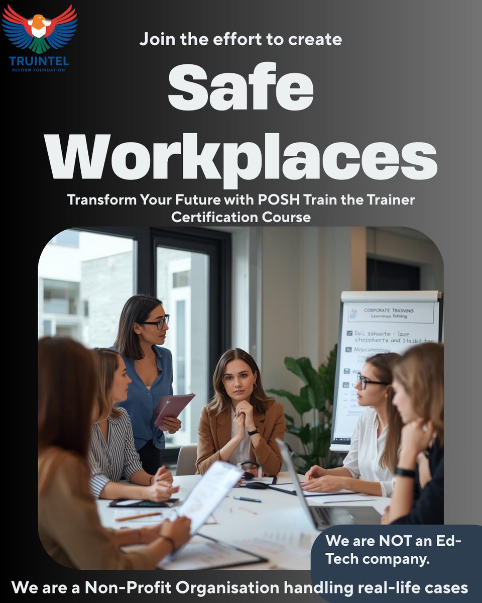 TruIntel_Reform's tweet image. Batch starting soon!
POSH TTT Course – ₹10,000 → Now ₹7,999
20 Hours | Certification | NGO-led (not ed-tech)
Real cases. Real learning. Real credibility.
📩 Certifications@truintelreform.org
📞 +91 859 523 5558
🌐 truintelreform.org

#POSH #sexulharrasment #HR #Admin