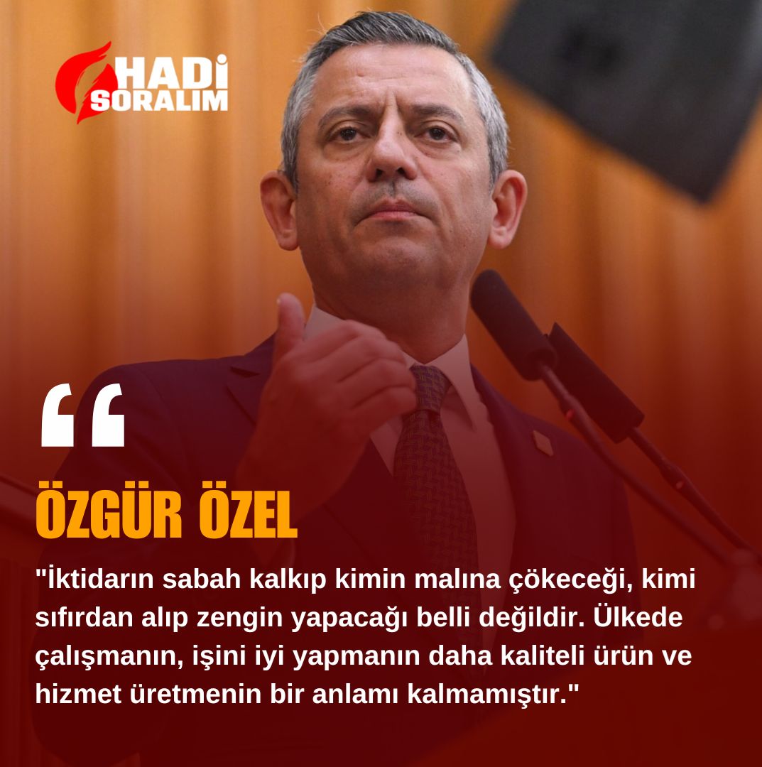 Özgür Özel: 

"İktidarın sabah kalkıp kimin malına çökeceği, kimi sıfırdan alıp zengin yapacağı belli değildir. 

Ülkede çalışmanın, işini iyi yapmanın daha kaliteli ürün ve hizmet üretmenin bir anlamı kalmamıştır."

#sondakika #özgürözel #gündem