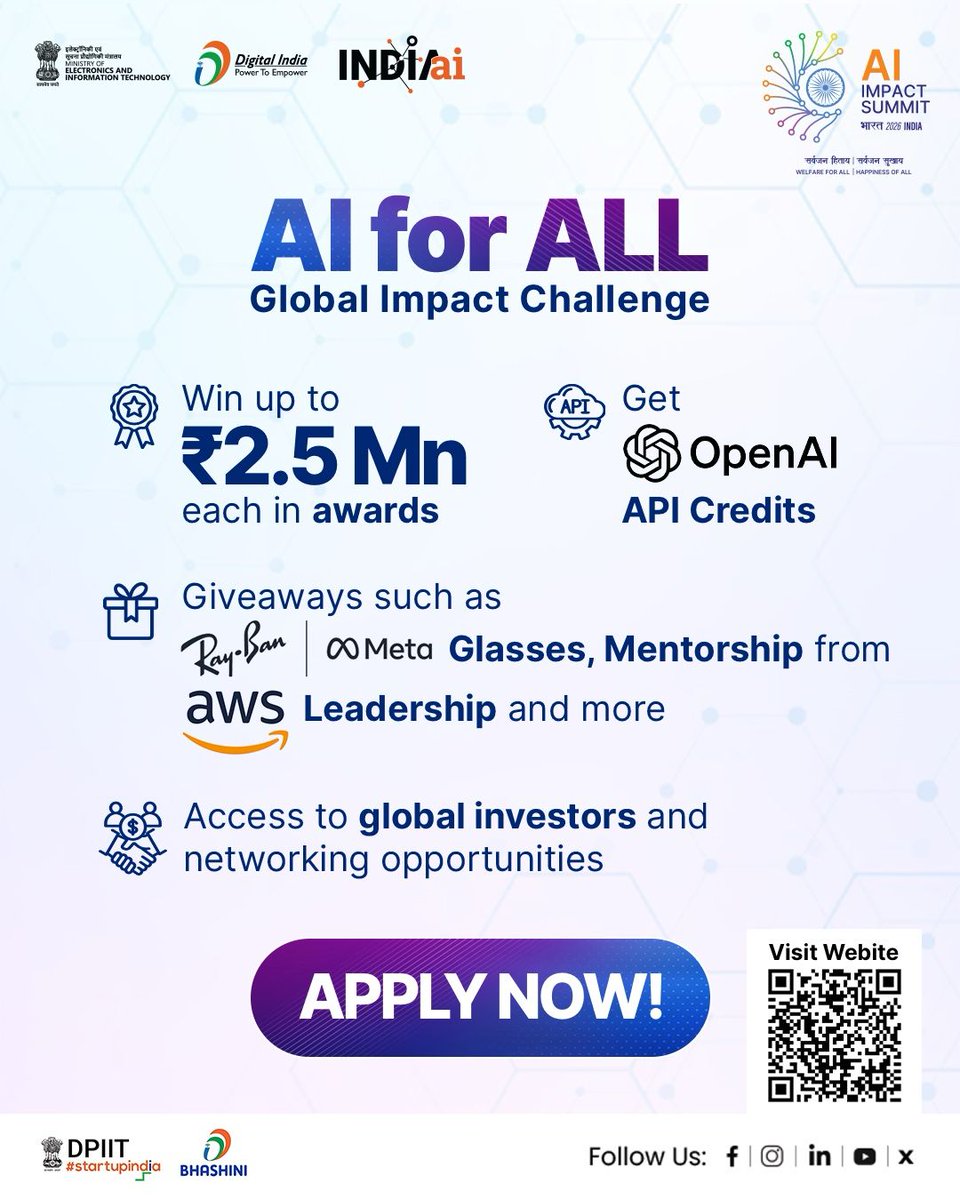OfficialINDIAai's tweet image. Ready to take your AI solution to the global stage?

Whether you&apos;re a student, researcher, professional, startup, or a growing company,  this is your chance to shine at the AI for ALL: Global Impact Challenge.

🏆Win up to INR 2.5 Mn each in awards
🏆Showcase at the AI Impact…