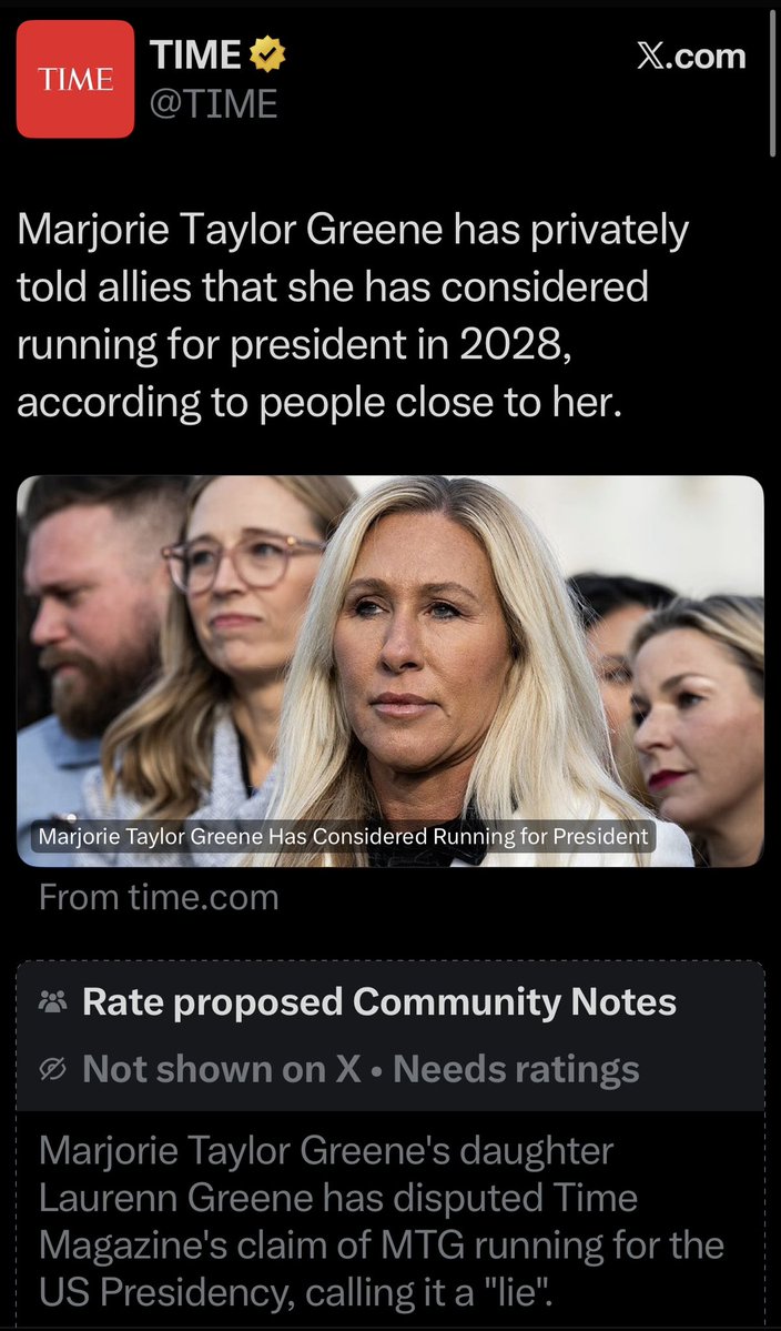 mtgreenee's tweet image. TIME claims “sources” told them I’m running for President in 2028, which means this is a complete lie and they made it up because they can’t even quote the names of the people who they claim said it. That’s not journalism, it’s called lying.
I’m not running for President and…