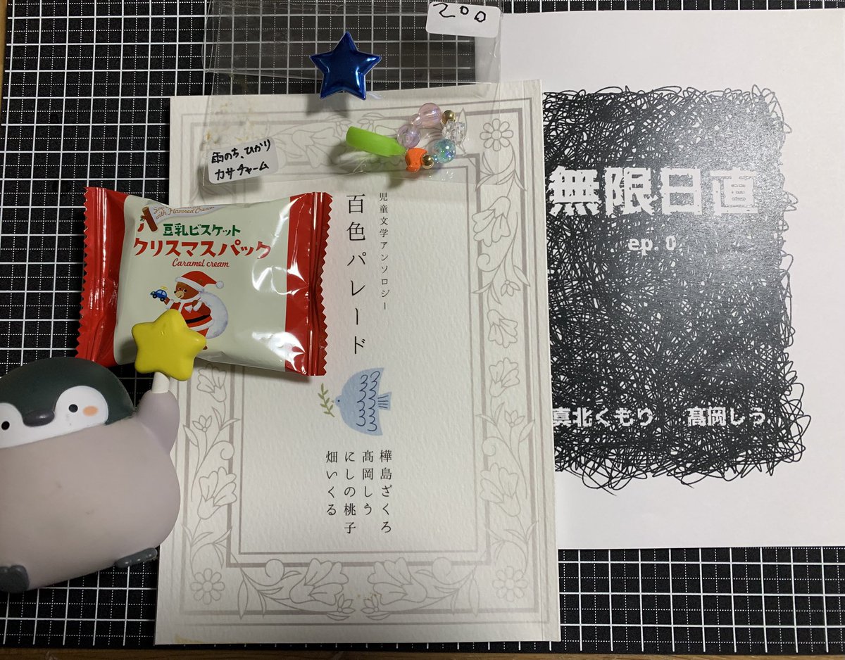 L-91 百色パレード
「百色パレード」、「無限日直 ep.0」＆「百色パレード」のお話しにちなんだ　こっちゃん（5才のお嬢さん）が作ったアクセサリー

朝移動中にポストで拝見し購入即断、帰路で拝読。あっという間に取り込まれ、第一羽（第一話）で目がうるうるしました。

 ＃文学フリマで買った本