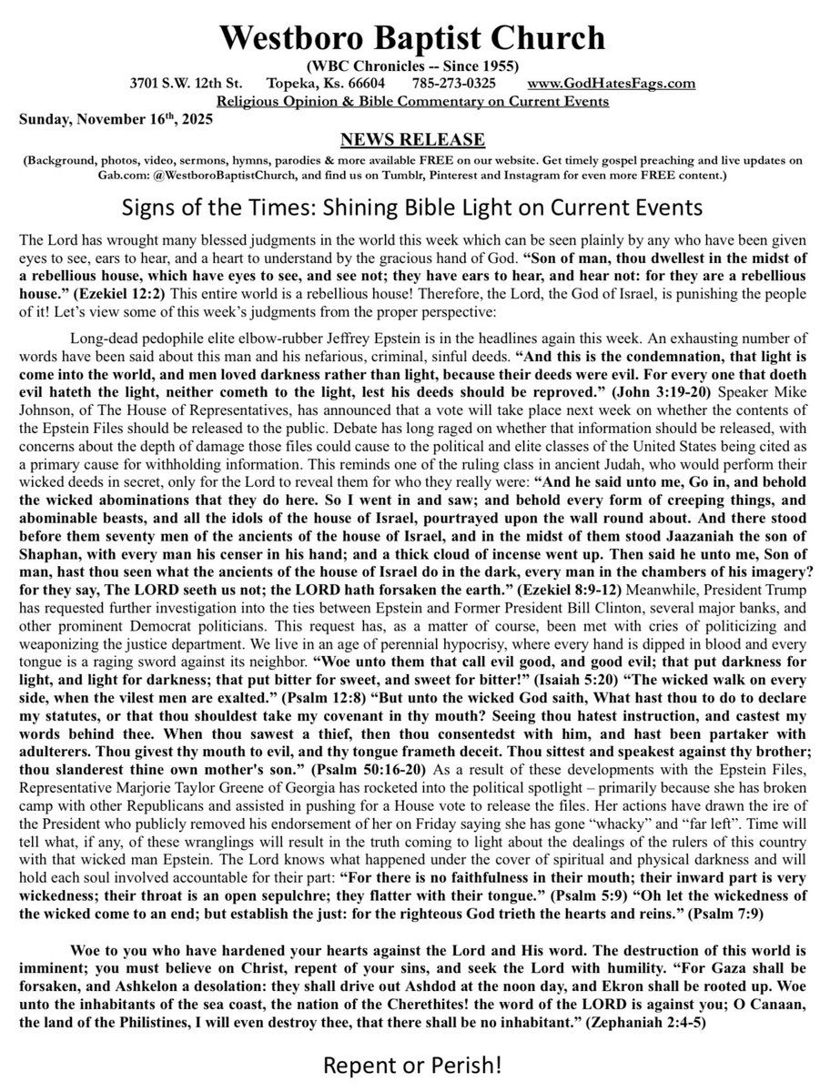 GodH8sYourMeme's tweet image. Signs of the Times: Shining Bible Light on Current Events - 11/16/25

godhatesfags.com/newsreleases/2…

youtu.be/ILi-Ref92B0?si… #EpsteinFiles #MTG #Trump