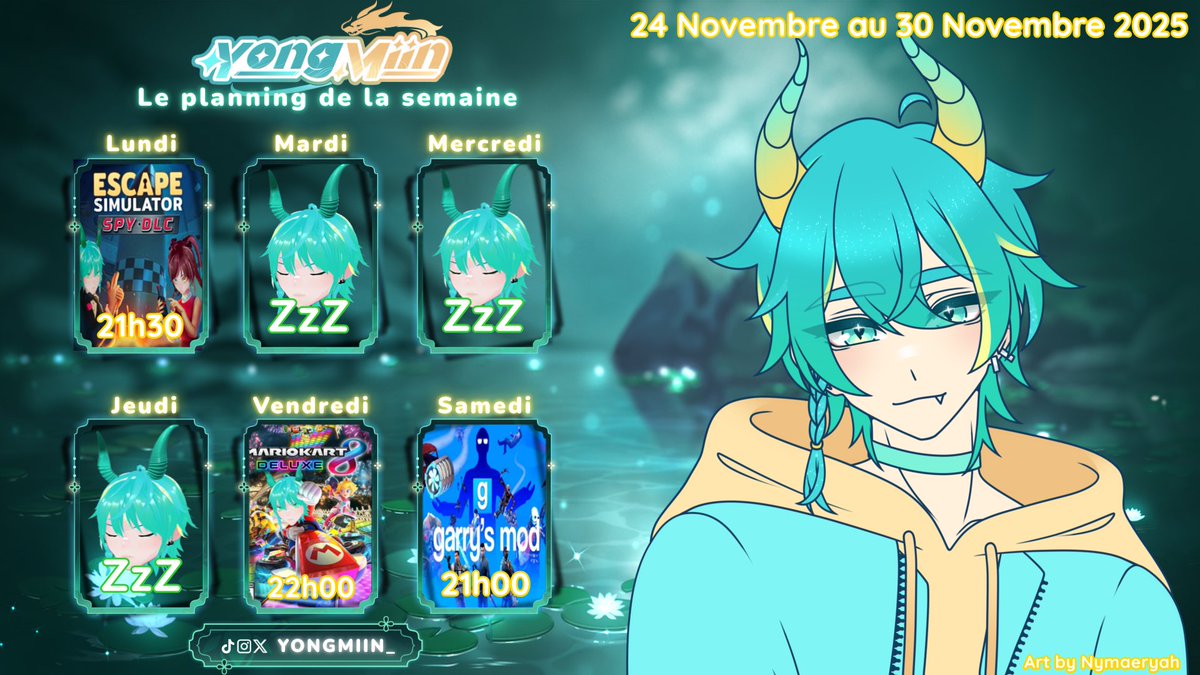🐉✨Semaine du 24/11 au 30/11✨🐉

💫 Lundi:
21h30 - #event #affiliate 2 ans avec SHel <a href="/Twiinkii_/">✨Twiinkii✨</a> 💝

💫 Vendredi:
22h00 - #MK8D

💫 Samedi:
21h00 - #Garrysmod 

#schedule #vtuberFR #Vstreamer