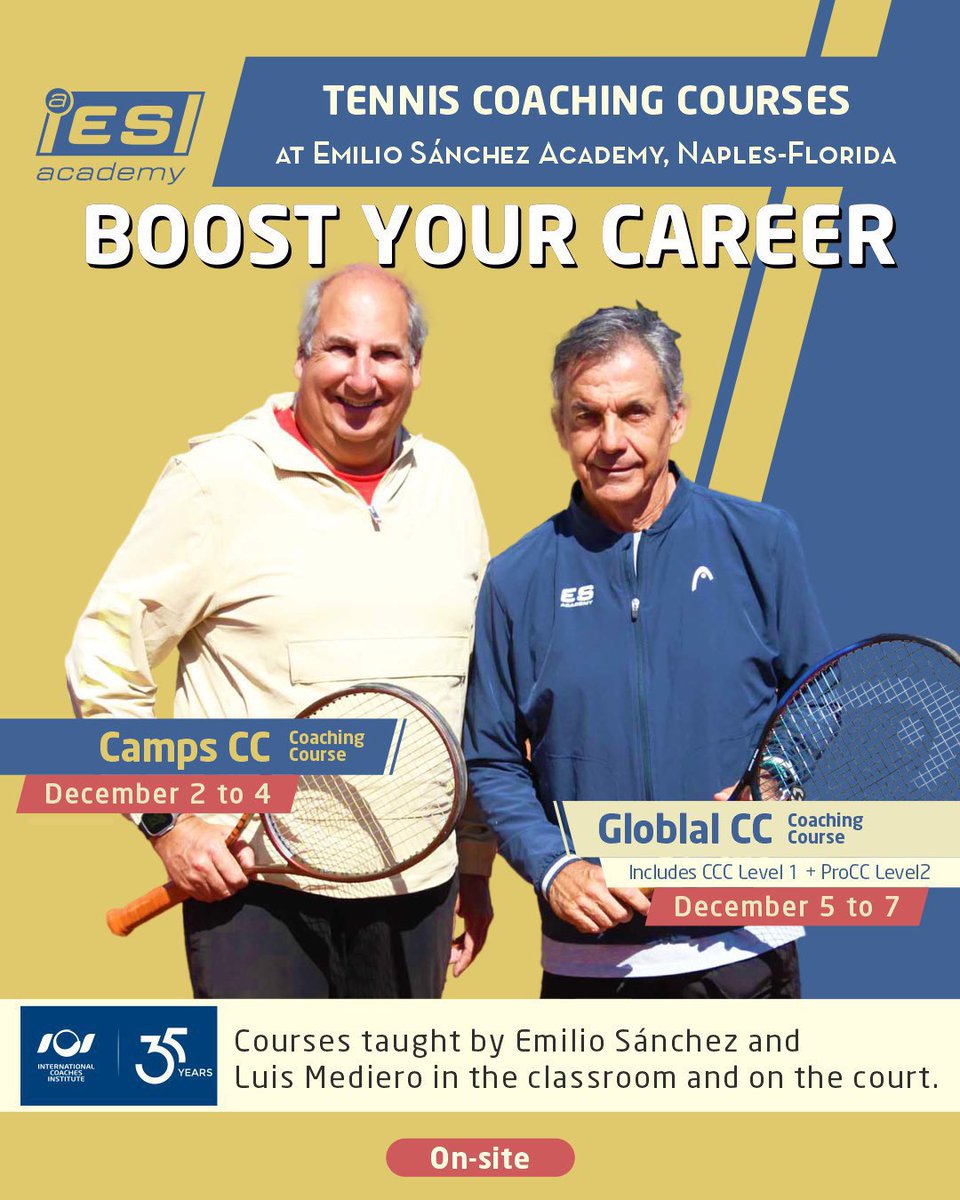 ‼️NAPLES - Florida 🇺🇸 TENNIS COACHING COURSES for TENNIS TEACHING PROFESSIONALS &amp; COACHES at Emilio Sánchez Academy recognized by <a href="/rptenis/">RPTenis</a> 

‼️ Personally directed by:
<a href="/EmilioSVicario/">EmilioSanchezVicario</a> 
<a href="/luismediero/">Luis Mediero</a> &amp; Team ESA ‼️

RPTennis.org

rptenis.org/curso-ici-esa/