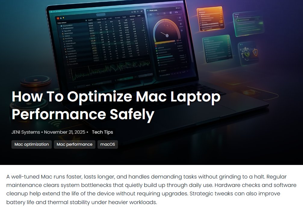 JeniSystems's tweet image. A clean Mac runs faster with simple updates and storage fixes that clear hidden slowdowns. jenisystems.com/mac-laptop-per… #macperformance #applesupport #systemcleanup