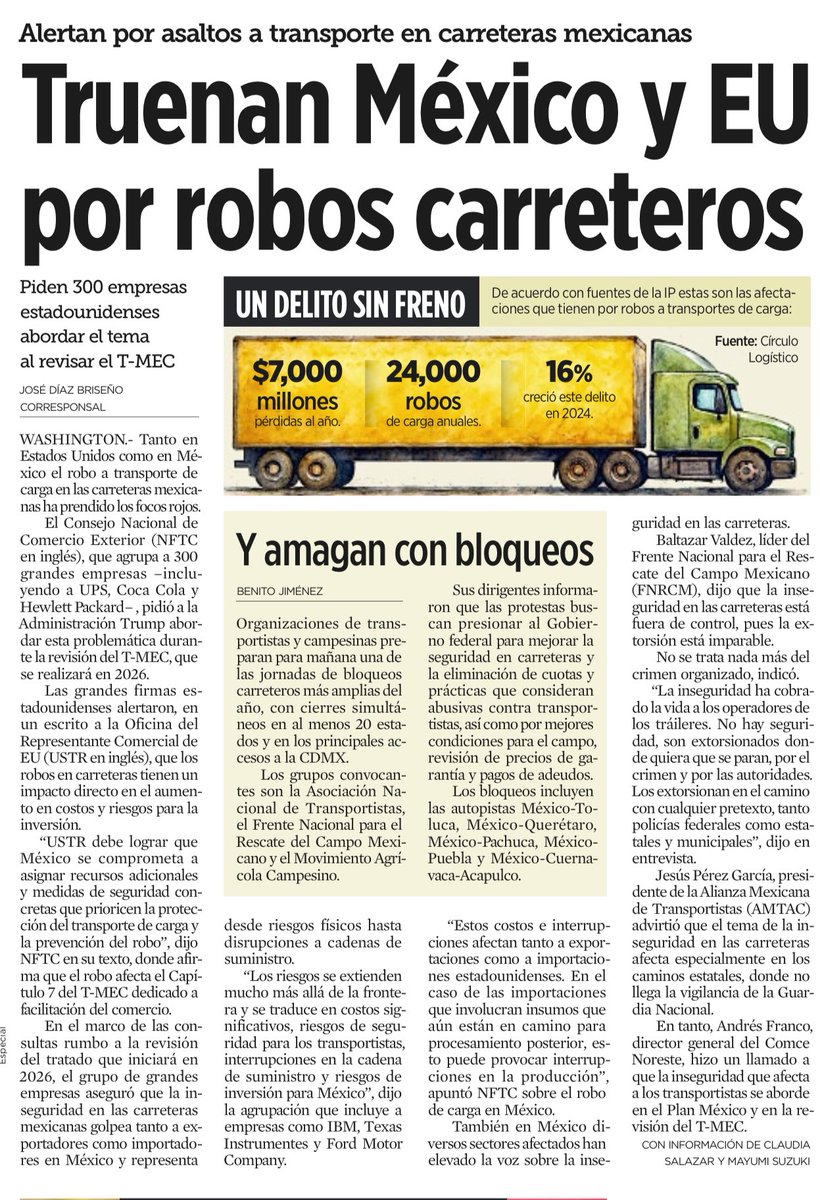 LuisCardenasMx's tweet photo. 🚨 MÉXICO Y EU TRUENAN POR ROBOS CARRETEROS

El robo a transporte en México prende alarmas: 300 empresas de EU exigen revisar el T-MEC ante 24 mil asaltos al año y pérdidas por 7 mil millones de dólares.
Organizaciones campesinas y transportistas advierten bloqueos y paros nacionales por la falta de seguridad en autopistas.

“La inseguridad no solo nos cuesta dinero: nos está dejando sin Estado”, alertan.