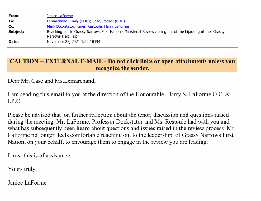 From the Freedom of Information disclosures into the Grassy Narrows River Run TDSB Field Trip.  

Ouch.  Looks like one meeting with Patrick Case went sideways...