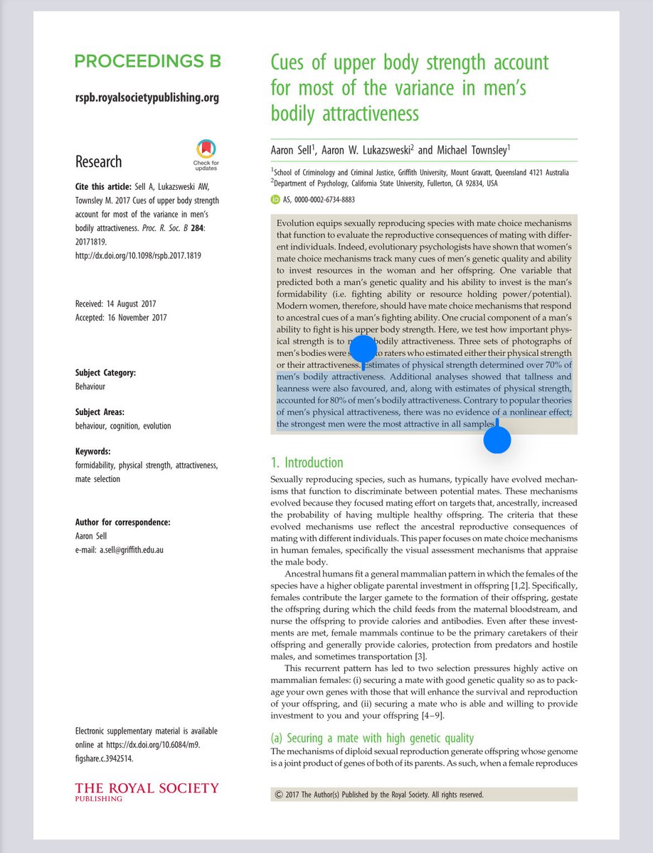 MackenMurphy's tweet image. “Estimates of physical strength determined over 70% of men’s bodily attractiveness… tallness and leanness were also favoured… the strongest men were the most attractive in all samples.”