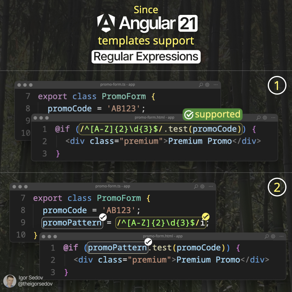 TheIgorSedov's tweet image. 🚀 New in #Angular 21
✔️ Regular Expressions in Templates
⚠️ Using regular expressions in templates can be a BAD idea in some cases