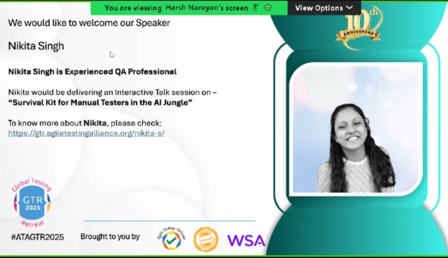 TestingRetreat's tweet image. DAY-2 TRACK-2:Survival Kit for the Manual Tester in the AI Jungle by Nikita Singh an empowering session.
#ATAGTR2025 #10th_Edition #VIRTUALCONFDAYS #WSA
@AgileTAlliance
@adigindia
@rajputabhay017
@Tietoevry
@QAMENTOR1
@ISquareIT
@SelectorsHub
@TheTestChat
@WS_Audiology