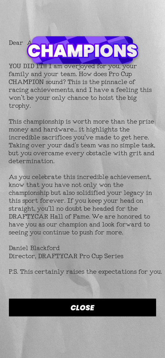 a_jar83's tweet photo. Finally a @DRAFTYCAR Pro Cup champion! 🏁🏆😭 S/O @bryanblack33 for the best racing game out there! https://t.co/ksIRgqqfkE