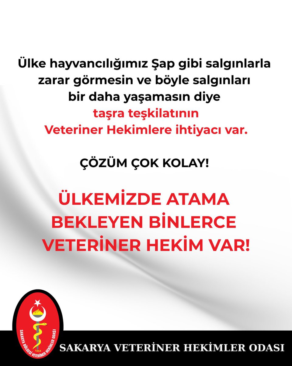 🚨 Şap hastalığı yayılımını artırdı. Aşılama ve saha kontrolü için binlerce Veteriner Hekime ihtiyaç varken mevcut kadrolar yetersiz. Hayvan sağlığı için acil atama şarttır.
#BütçedenVetHekimeAtama