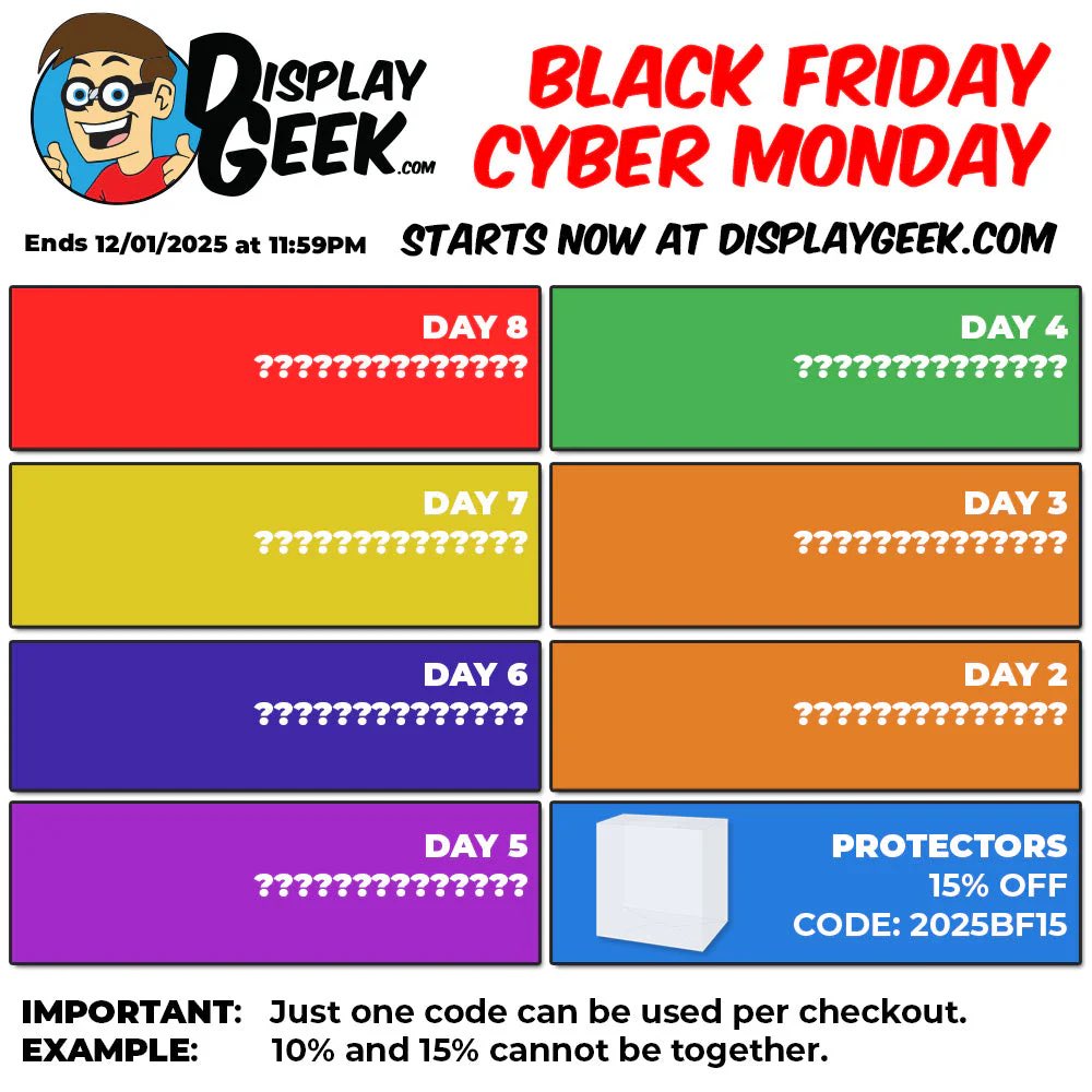 DisplayGeek's tweet image. 8 Days of Deals: Day 1! 15% OFF PLASTIC PROTECTORS!

Use code: 2025BF15 at DisplayGeek.com to save 15% OFF the best protectors on the market!*

*Code valid through 12/1/2025 at 11:59PM. 
Only one code can be used per checkout. 

#Funko #FunkoPops #BlackFriday #CyberMonday