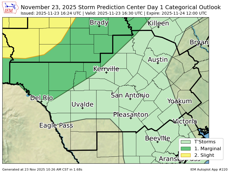 EWXBot's tweet image. #SPC issues Day 1 Marginal Convective Risk at Nov 23, 16:24z for EWX spc.noaa.gov/products/outlo…