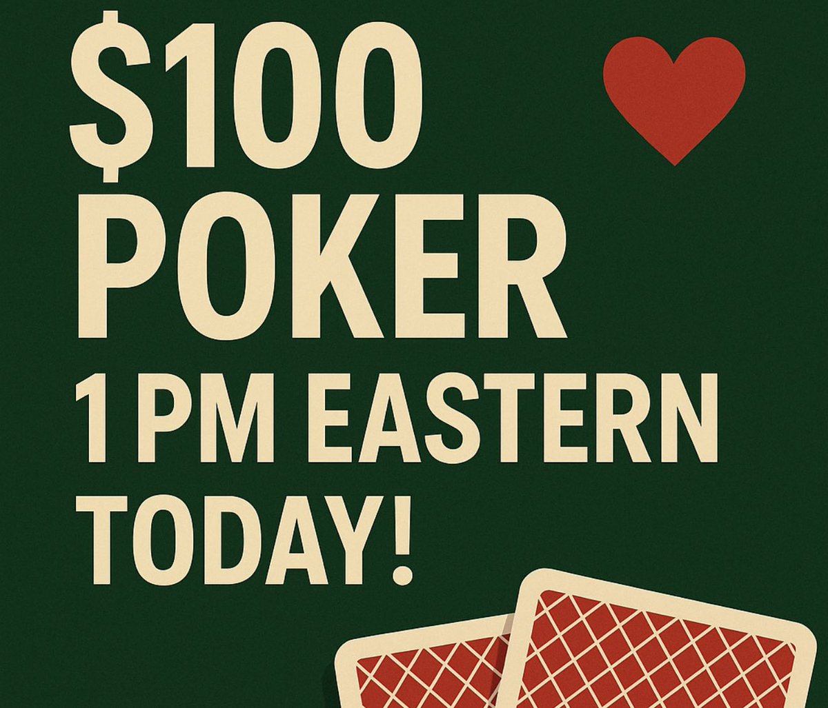 prudentgambles's tweet photo. 100 USD Poker in 90 Minutes!
Starts at 1 PM Eastern ⏰

- Only the first 60 players can join.
- The game link will be posted exactly on time in the Poker channel on Discord. You must be fast to click!!!

Comment your Discord user below too. ♠️🔥 https://t.co/iGYR3k0uNM