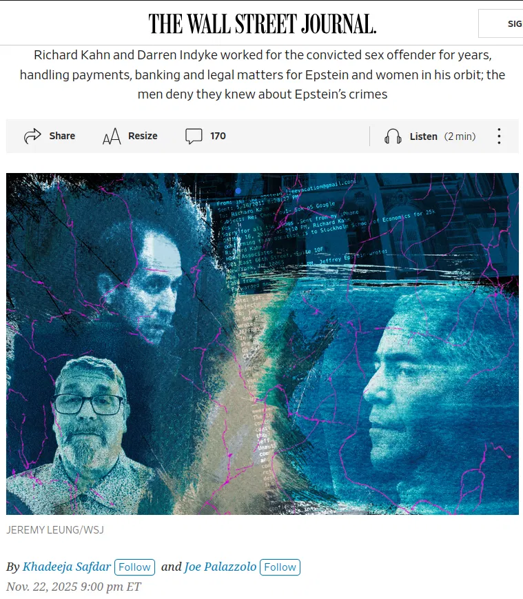 Casimir_Noir's tweet photo. #RichardKahn and #DarrenIndyke worked for #JeffreyEpstein (sex offender) for years, handling payments, banking and legal matters for Epstein and women in his orbit; the men deny they knew about Epstein’s crimes
https://t.co/SMzJu95kk5 https://t.co/QwbFhXWplf