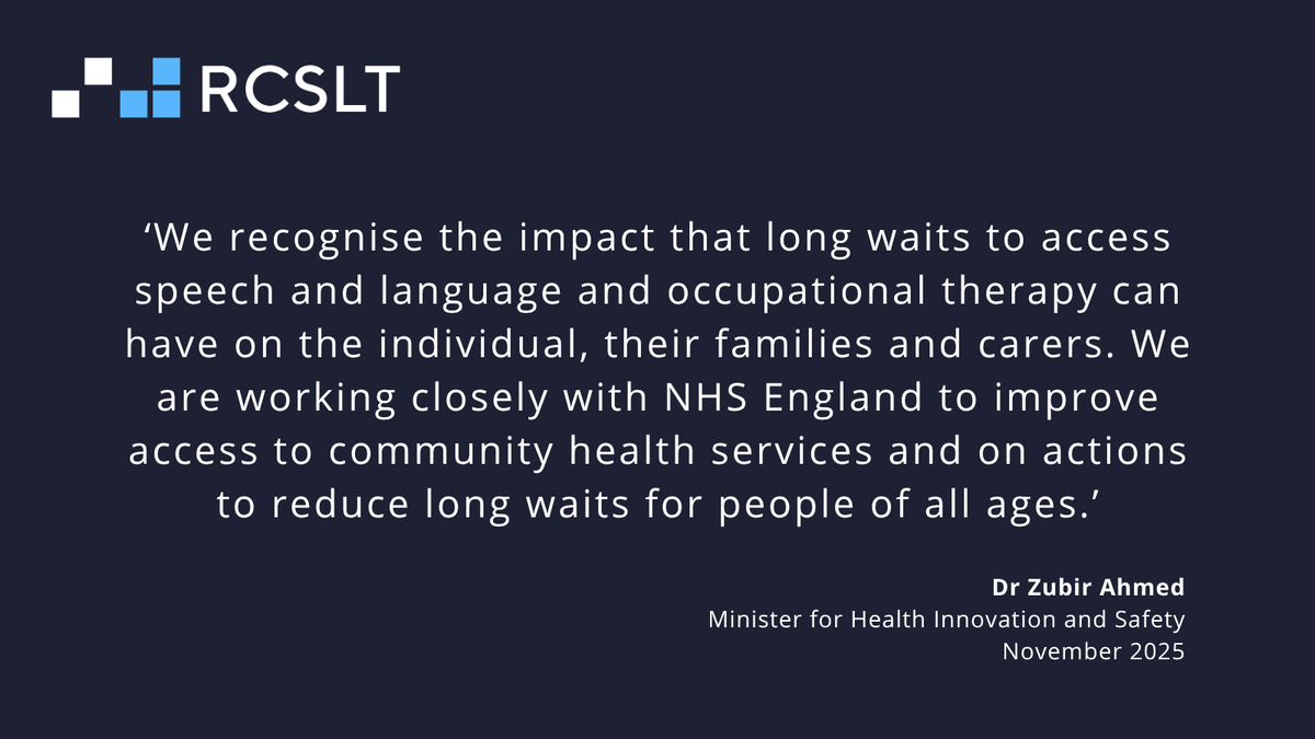 🚨 It’s not just <a href="/RCSLT/">RCSLT 💙</a> who is highlighting the impact of long waits. <a href="/DHSCgovuk/">Department of Health and Social Care</a> recognises the issue, as <a href="/zubirahmed/">Dr Zubir Ahmed MP</a> said earlier this month. That’s why we’re calling on <a href="/hmtreasury/">HM Treasury</a>'s <a href="/RachelReevesMP/">Rachel Reeves</a> to #InvestInSLT in the Budget and on the Govt to publish its SLT Action Plan.