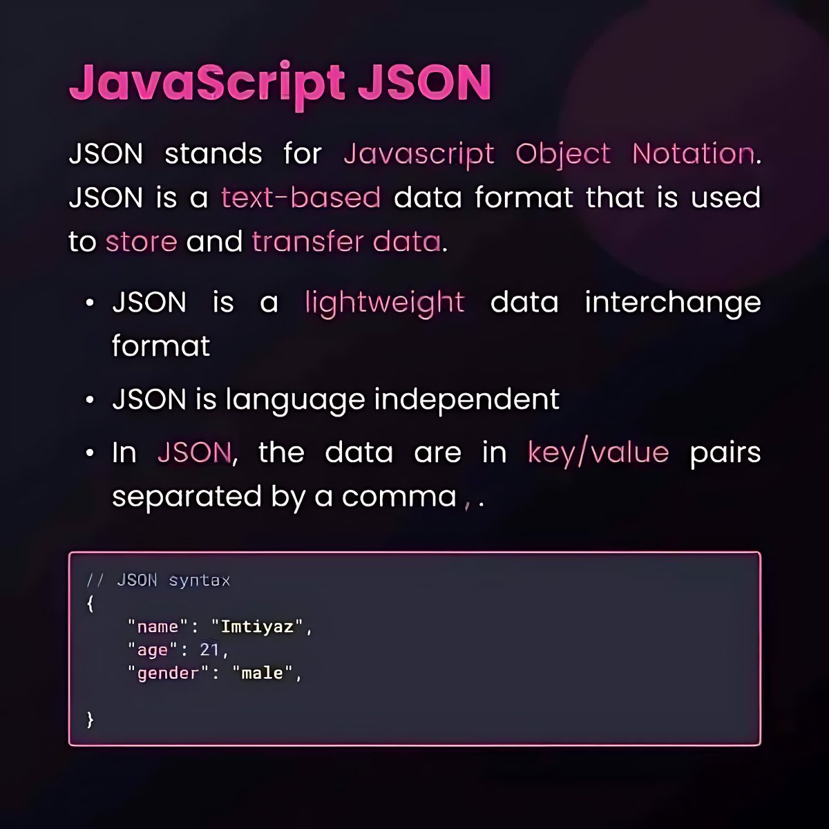 11xcoder's tweet image. 🌐 The Language of the Web: Mastering JSON
JSON is the foundational handshake for data across almost every modern application. It&apos;s the simple, language-independent key to storing and transferring information efficiently.

#JSON #JavaScript #WebDevelopment #DataTransfer