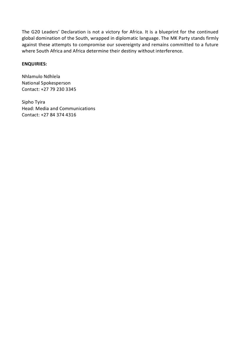 MkhontoweSizwex's tweet image. MK PARTY UNEQUIVOCALLY REJECTS THE G20 LEADERS’ DECLARATION.