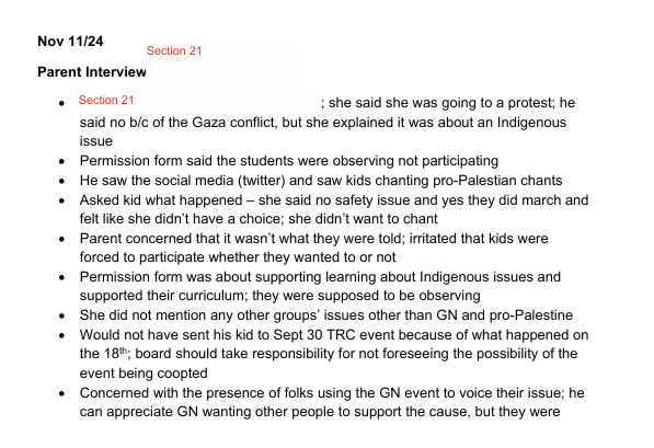 Another parent interview in the Patrick Case inquiry into the TDSB Grassy Narrows field trip.

"Asked kid what happened - she said ... yes they did march and felt like she didn't have a choice; she didn't want to chant."

<a href="/PaulCalandra/">Paul Calandra</a>