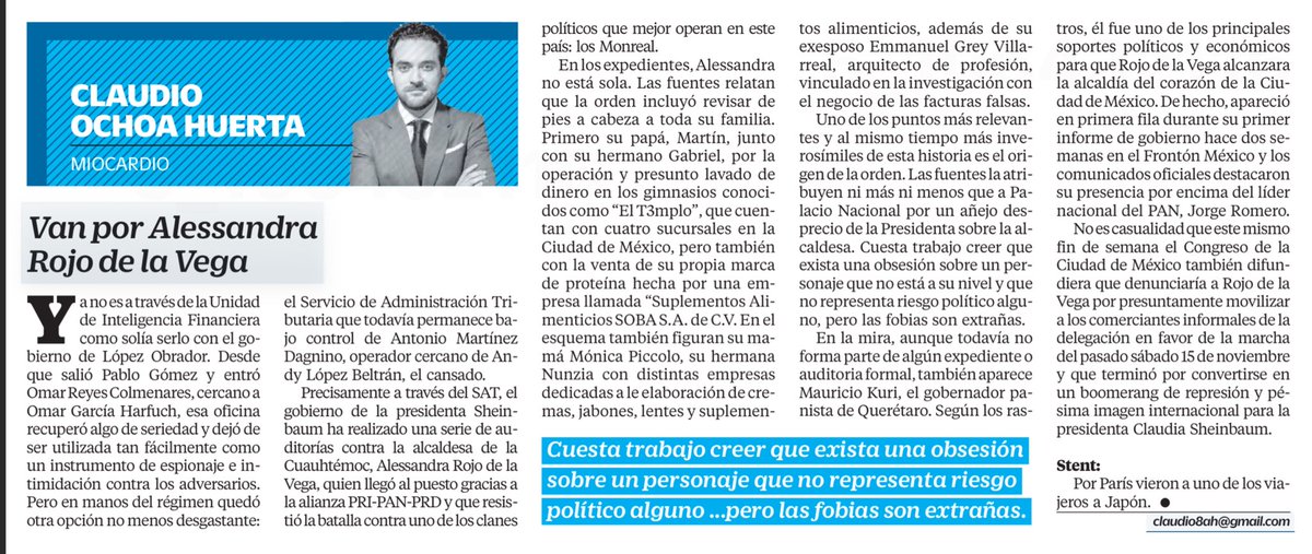 LuisCardenasMx's tweet image. 🚨 VAN POR ALESSANDRA ROJO DE LA VEGA

Según la columna de @ClaudioOchoaH la orden en su contra habría incluido revisar de pies a cabeza a toda su familia y sus negocios, con señalamientos que van del SAT a empresas ligadas a “El T3rmplo”.
La persecución parece más una fobia…