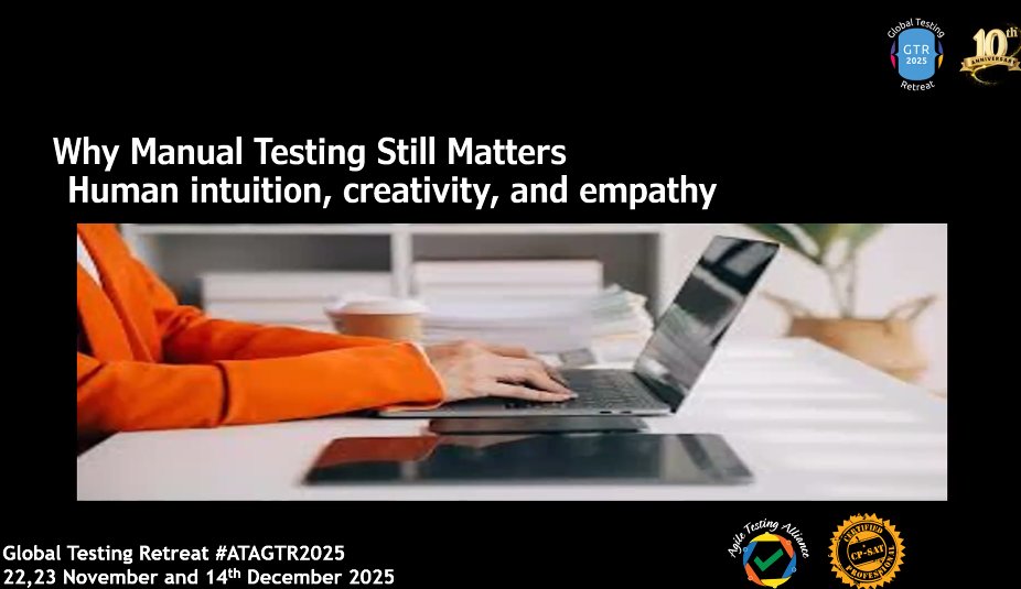 TestingRetreat's tweet image. Highlighting why manual testing still matters — showcasing the irreplaceable value of human intuition, creativity, and empathy in the AI era.
#ATAGTR2025 #10th_Edition #VIRTUALCONFDAYS #WSA
@AgileTAlliance
@Tietoevry
@QAMENTOR1
@ISquareIT
@SelectorsHub
@TheTestChat
@WS_Audiology