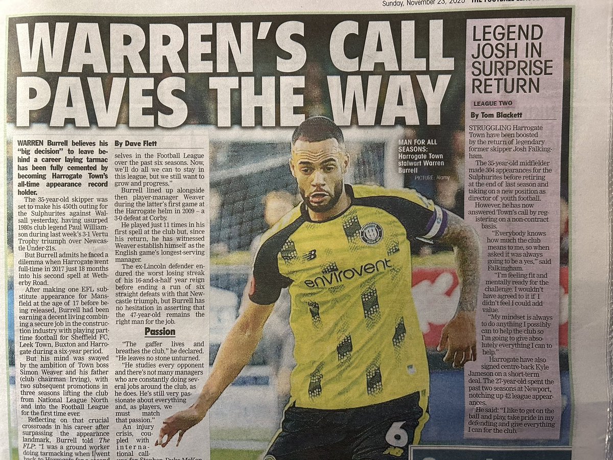 daveflettpress's tweet image. One for @HarrogateTown fans. I spoke to @W_Burrell1 about how his “big decision” to leave behind a career laying tarmac has been justified after becoming the club’s all-time appearance record holder. Full story in @TheLeaguePaper - in shops now and always great value for £2.20.