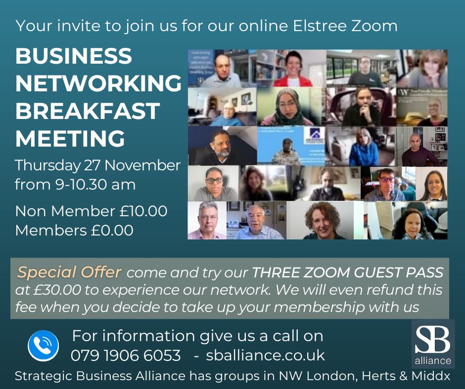 SB_Alliance_UK's tweet image. What are you doing this #Thursday?Join us at our #Pinner online #business #networking #breakfast #meeting on #zoom and your #SmallBusiness trades in the #Barnet #Borehamwood #Edgware #Harrow #London &amp;amp; #Watford  &amp;amp; you want to gain new #contacts &amp;amp; business sballliance.co.uk