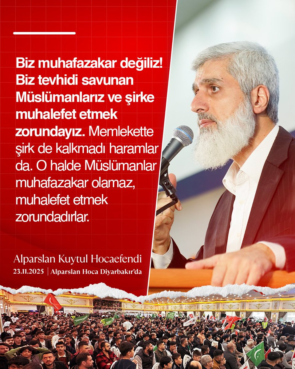 Biz muhafazakar değiliz! Biz tevhidi savunan müslümanlarız ve şirke muhalefet etmek zorundayız. Memlekette şirk de kalkmadı haramlar da. O halde müslümanlar muhafazakar olamaz, muhalefet etmek zorundadırlar.

AlparslanHoca Diyarbakırda
#FurkanKonferansları