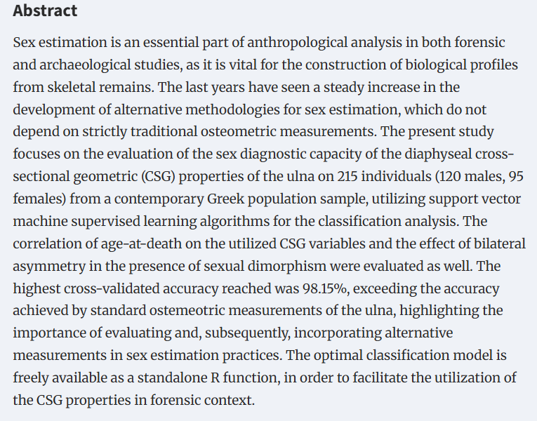 ForSciRes's tweet image. FSR Vol.10, Iss.3 ​ Research Articles #owaf017
Sex estimation through the lens of cross-sectional geometric properties of the ulna by Nefeli Garoufi, Andreas Bertsatos and Maria-Eleni Chovalopoulou
doi.org/10.1093/fsr/ow… 
#forensicscience #sexestimation #ulna #FSR