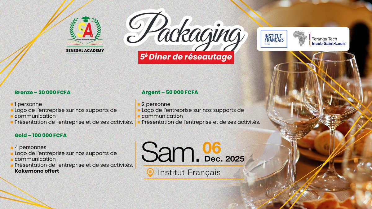 AcademySenegal's tweet photo. Choisissez vos packs pour participer à notre grand Dîner de Réseautage. https://t.co/QBpimtCS8V