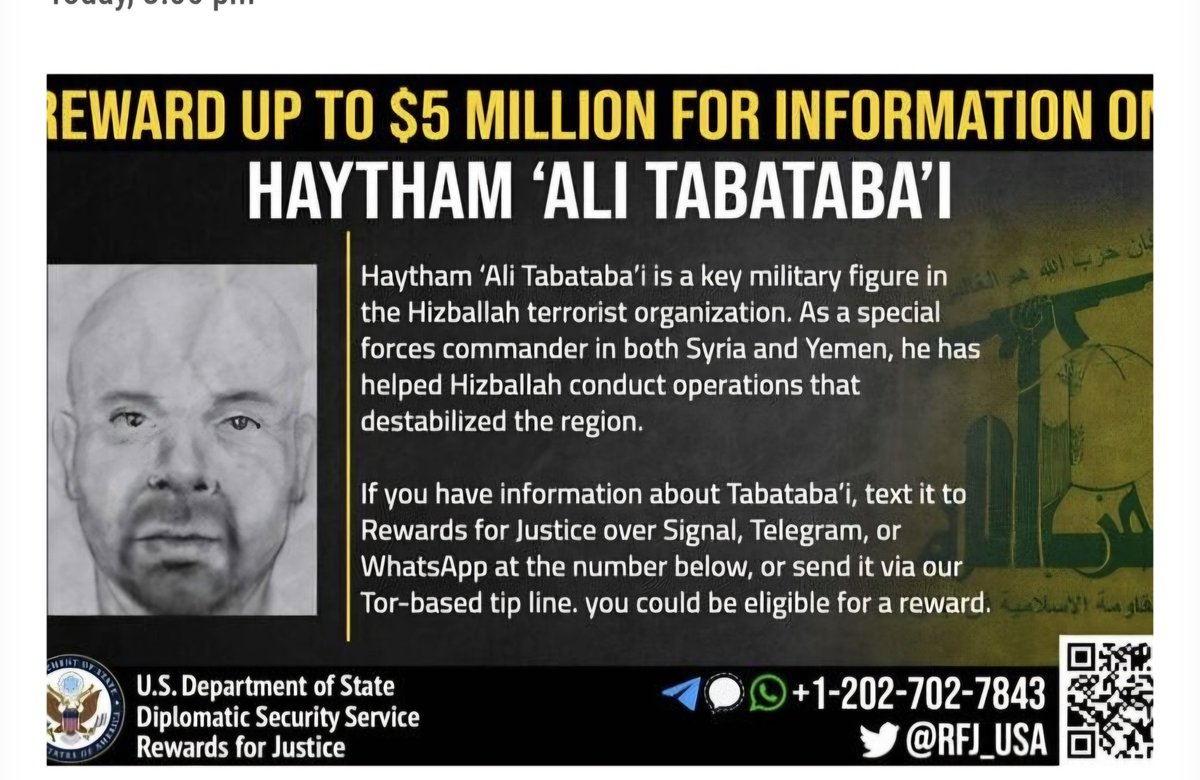 تصفية القيادي البارز في حزب الله هيثم علي طباطبائي  في غارة جوية اسرائيلية  استهدفت الضاحية الجنوبية لبيروت قبل قليل.
يُعدّ طباطبائي القائد الفعلي لهيئة الأركان في حزب الله، ويُنظر إليه على أنه الرجل الثاني في التنظيم بعد الأمين العام نعيم قاسم.