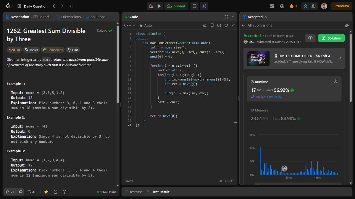 shahidx_05's tweet image. Day 253 – #365DaysOfCode
✨ LeetCode Weekly Contest solved 3/4

✅ Greatest Sum Divisible by 3
✅ Maximum Stone Removal
✅ Codeforces 2110B

💡 Let&apos;s connect 🤝

#DSA #LeetCode #GfG #Codeforces #CompetitiveProgramming #Math #ProblemSolving #LearnInPublic #BuildInPublic