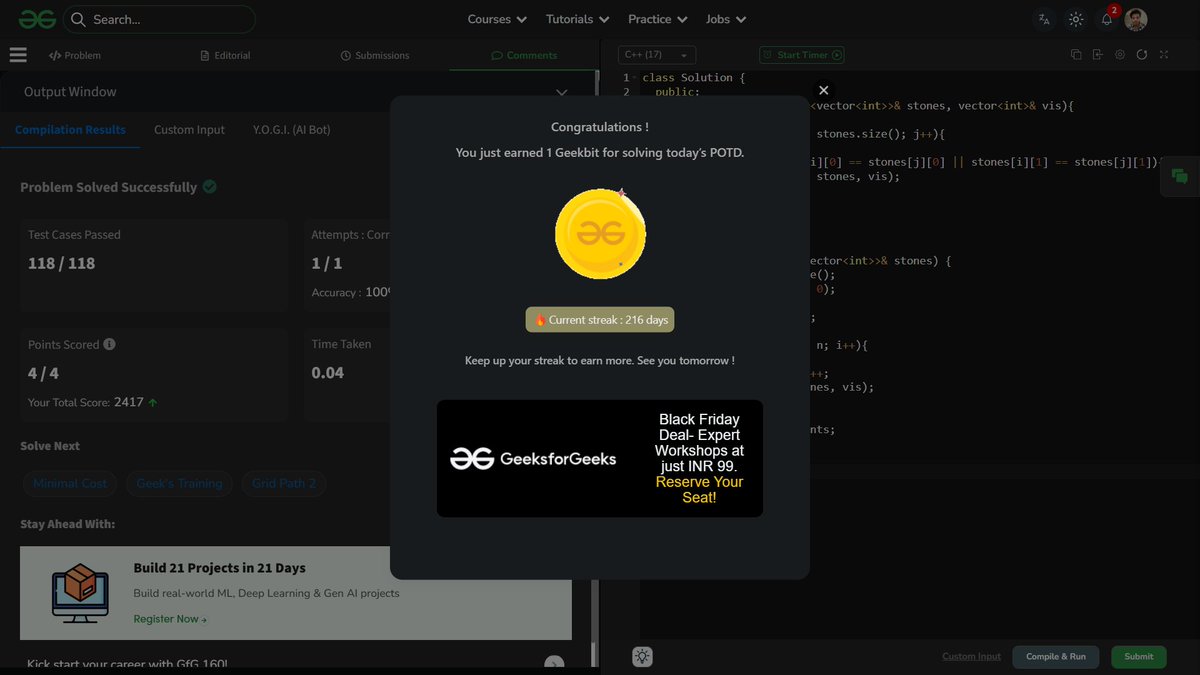 shahidx_05's tweet image. Day 253 – #365DaysOfCode
✨ LeetCode Weekly Contest solved 3/4

✅ Greatest Sum Divisible by 3
✅ Maximum Stone Removal
✅ Codeforces 2110B

💡 Let&apos;s connect 🤝

#DSA #LeetCode #GfG #Codeforces #CompetitiveProgramming #Math #ProblemSolving #LearnInPublic #BuildInPublic