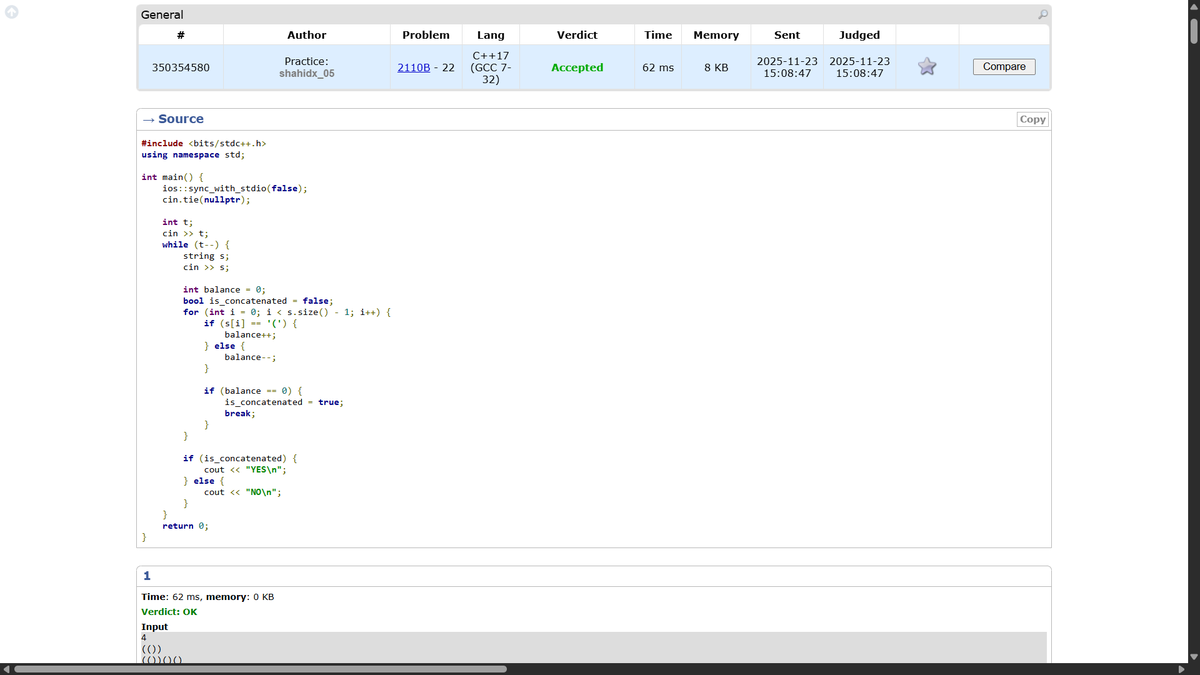 shahidx_05's tweet image. Day 253 – #365DaysOfCode
✨ LeetCode Weekly Contest solved 3/4

✅ Greatest Sum Divisible by 3
✅ Maximum Stone Removal
✅ Codeforces 2110B

💡 Let&apos;s connect 🤝

#DSA #LeetCode #GfG #Codeforces #CompetitiveProgramming #Math #ProblemSolving #LearnInPublic #BuildInPublic