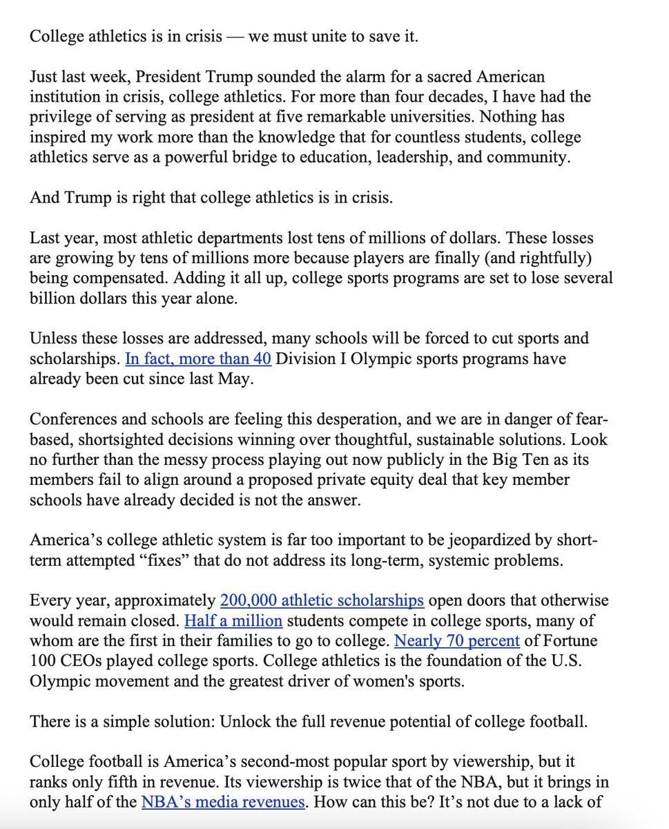 RossDellenger's tweet image. In an Op-Ed in The Hill, former Ohio State and WVU president Gorden Gee implores college leaders to consolidate media rights and optimize football scheduling to generate more revenue and save an industry that’s “fragmented” and “in crisis.”

thehill.com/opinion/educat…
