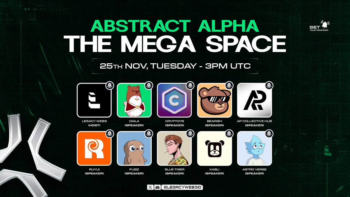 LegacyWeb3io's tweet image. Abstract Alpha: The Mega Space ✳️

Powered by @LegacyWeb3io

Locked in for a strong consumer chain session on @AbstractChain this Tuesday.

We’re opening the space to break down Abstract Chain, discuss a possible TGE in 2025, explore projects building on it, and talk more about…