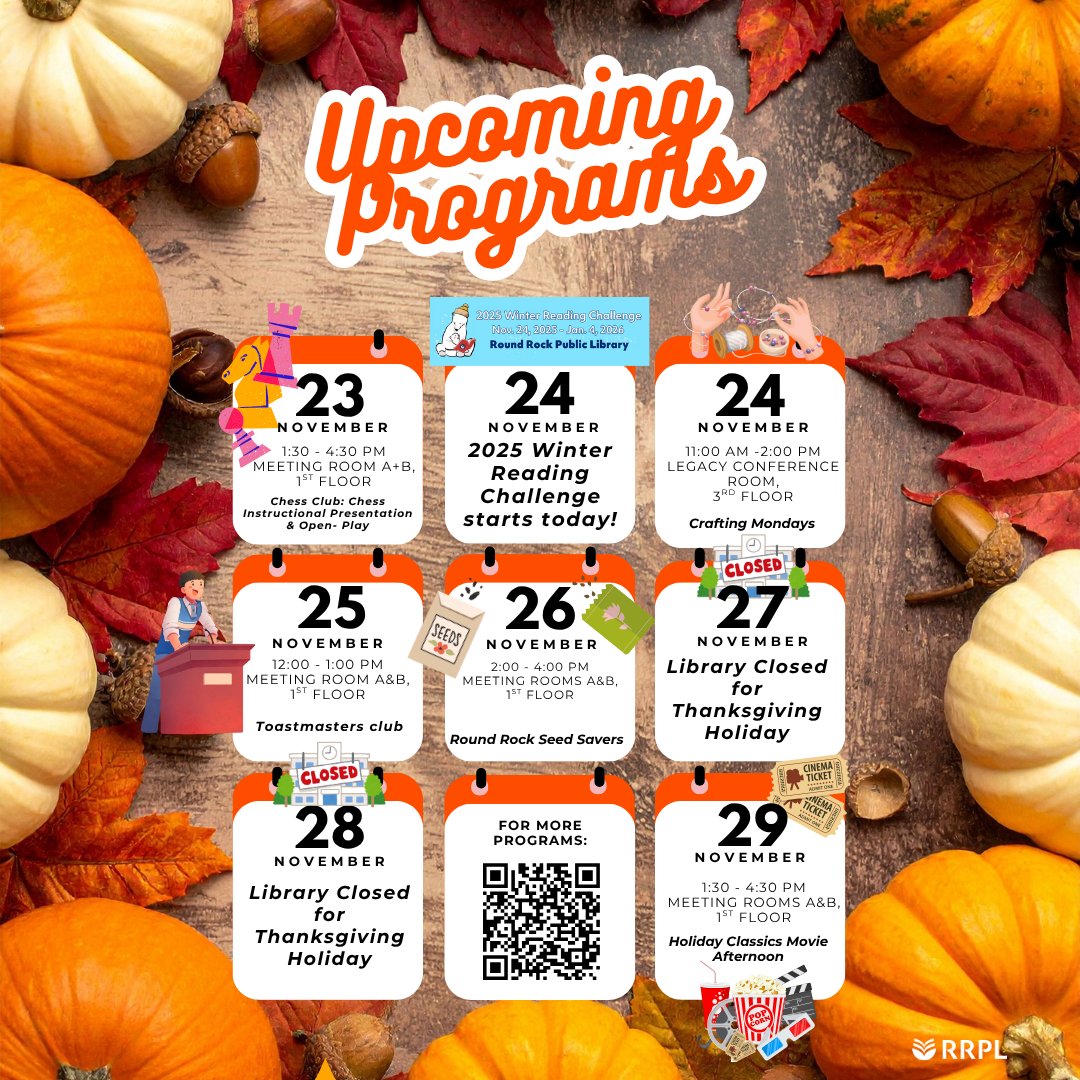 📖❄️ ¡Comienza el Desafío de Lectura de Invierno! ☕ Lecturas acogedoras y diversión en la biblioteca. ¡Nos vemos allí! 🧡🦃 

📖❄️ Winter Reading Challenge starts!☕ Cozy reads &amp; fun await. See you there! 🧡🦃
 
#MYRRPL