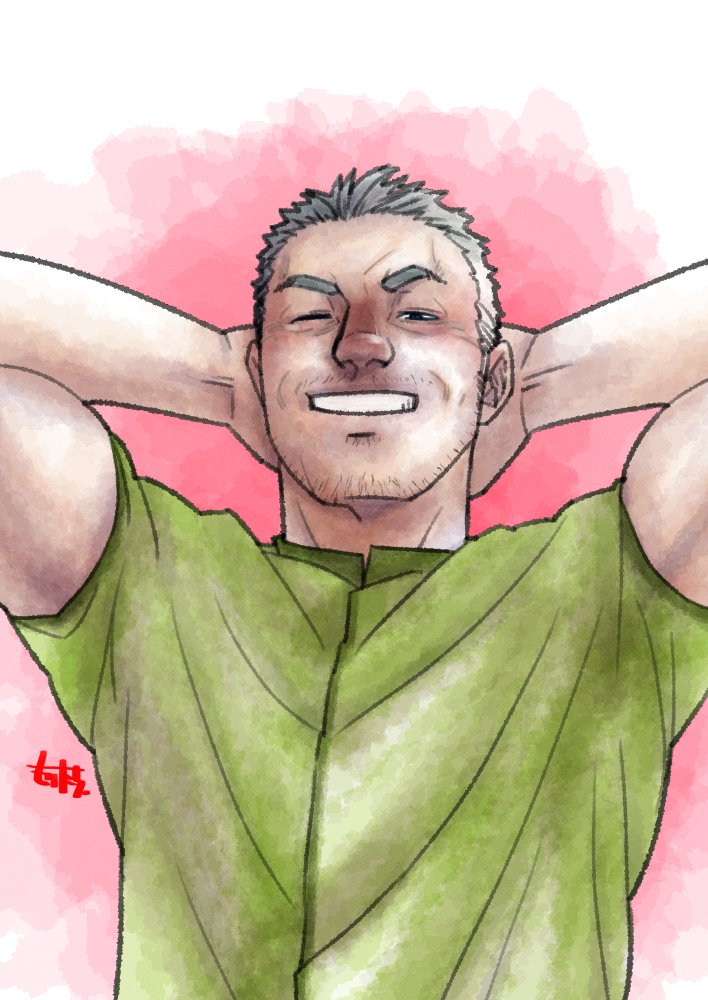 #ヒゲ版深夜の真剣お絵描き60分一本勝負
お題：無精髭と笑い皺

皺とか描いてリアルに寄せていくと自分の絵じゃない気がしてくるｗ
難しいもんねぇ…