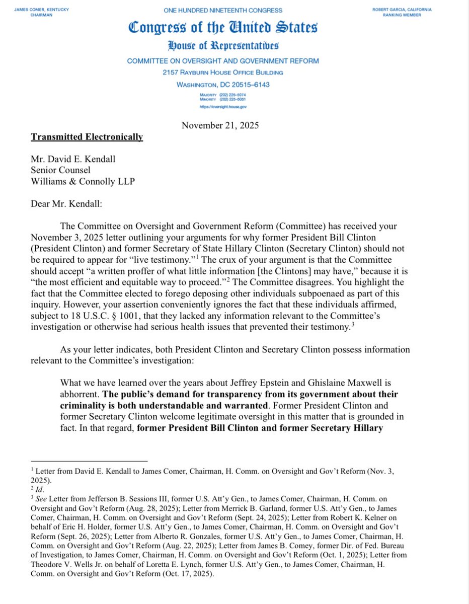 BreannaMorello's tweet image. 🚨ICYMI🚨

Chairman James Comer sent a letter to David Kendall, attorney for Bill and Hillary Clinton, stating that although the Committee is continuing to negotiate in good faith, the Clintons remain obligated to comply with valid subpoenas and attend their scheduled in-person…