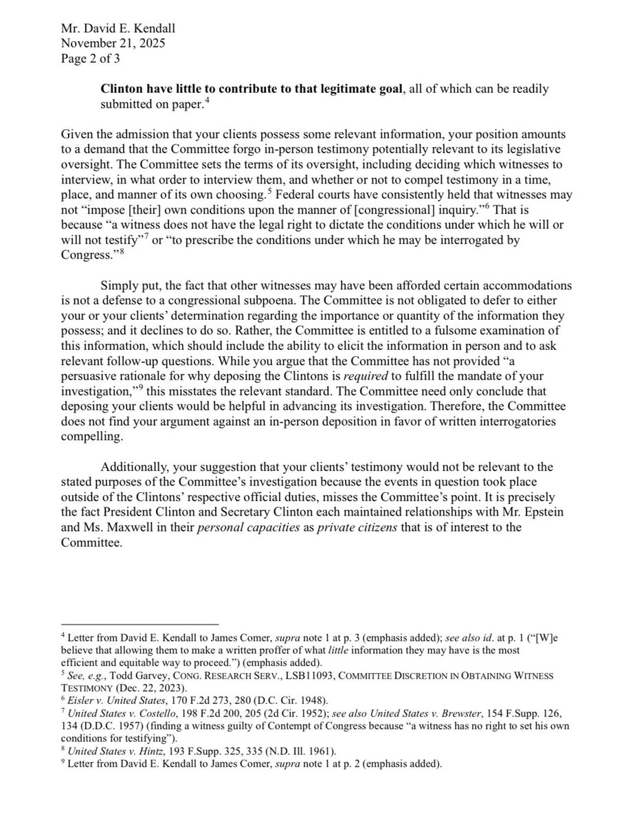 BreannaMorello's tweet image. 🚨ICYMI🚨

Chairman James Comer sent a letter to David Kendall, attorney for Bill and Hillary Clinton, stating that although the Committee is continuing to negotiate in good faith, the Clintons remain obligated to comply with valid subpoenas and attend their scheduled in-person…