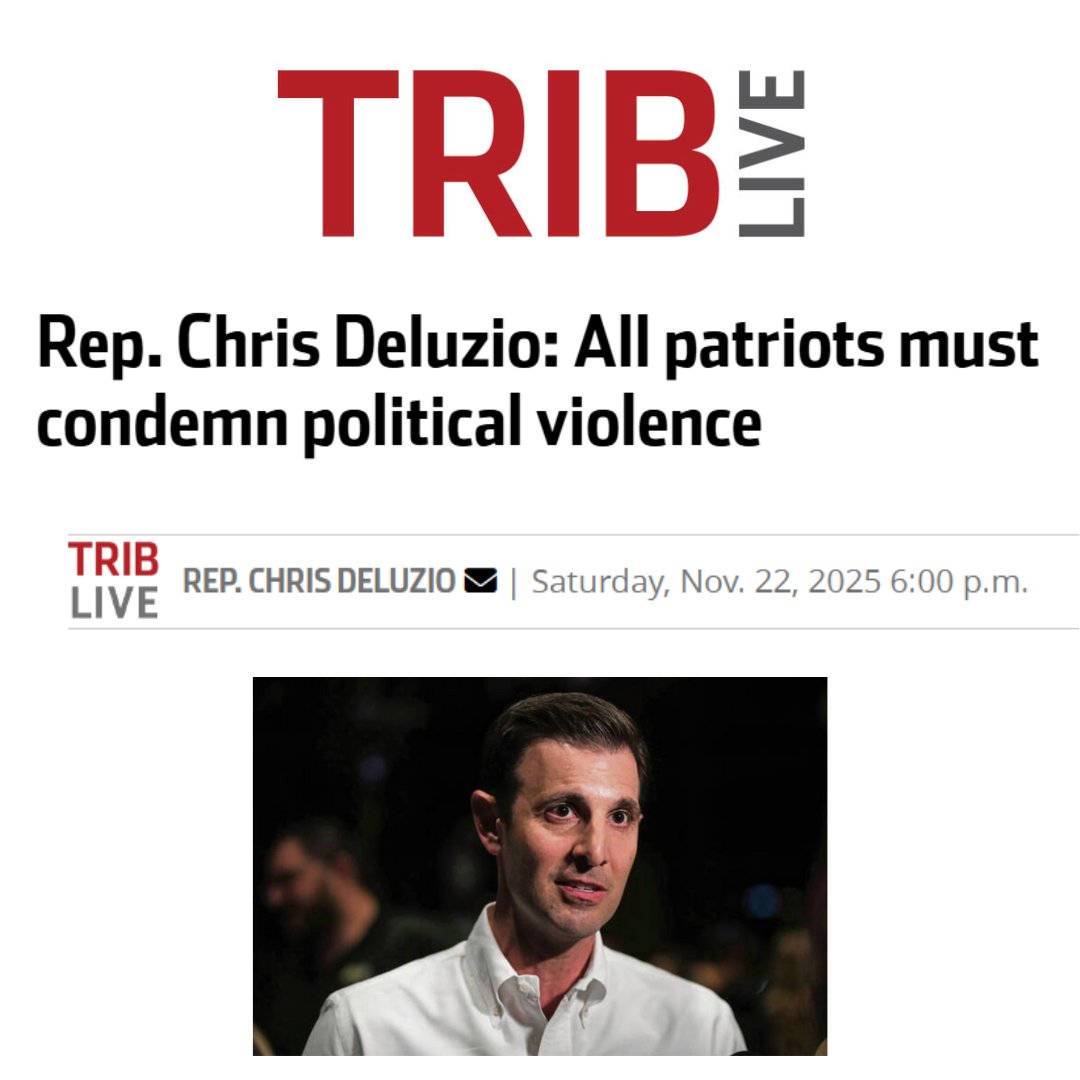 RepDeluzio's tweet image. This is about who we are as Americans.

Everyone, especially elected leaders, must be clear in saying all forms of political violence are wrong.

That shouldn’t be hard to do.
triblive.com/opinion/rep-ch…