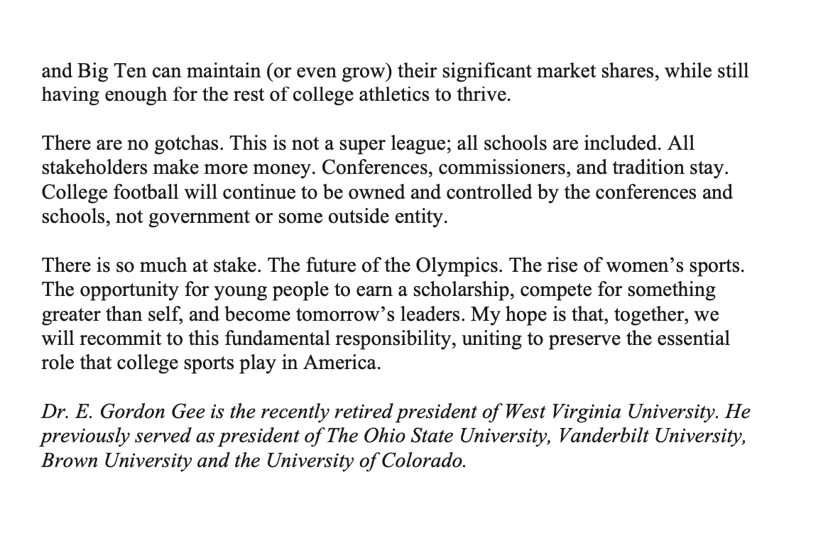 RossDellenger's tweet image. In an Op-Ed in The Hill, former Ohio State and WVU president Gorden Gee implores college leaders to consolidate media rights and optimize football scheduling to generate more revenue and save an industry that’s “fragmented” and “in crisis.”

thehill.com/opinion/educat…